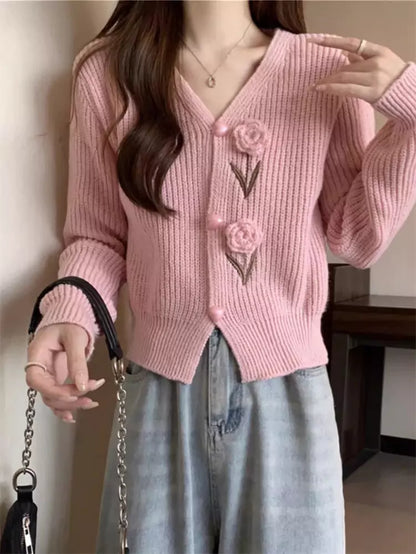 Vintage-Inspired V-Neck Crochet Floral Knit Cardigan for Women