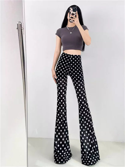 Pantalones acampanados de cintura alta con lunares y malla transparente de verano para mujer