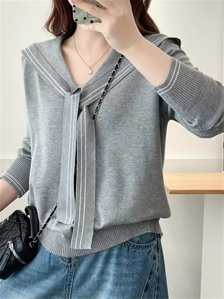 Striped Gray Sailor Collar Knit Sweater for Women