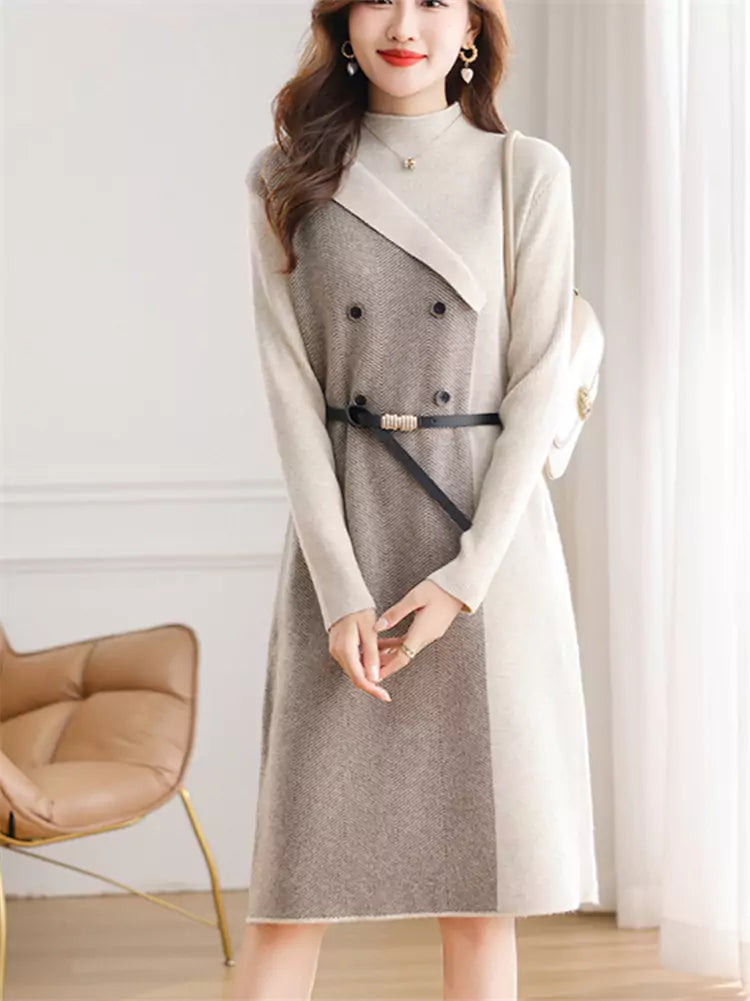 Strickkleid mit halbem Rollkragen für Damen – mittellanges, lässiges Herbst-Winter-Outfit