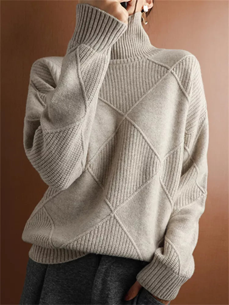 Women’s High-Neck Diamond Knit Pullover Sweater