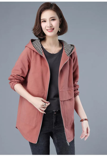 Grüner Baumwoll-Trenchcoat mit Kapuze für Damen