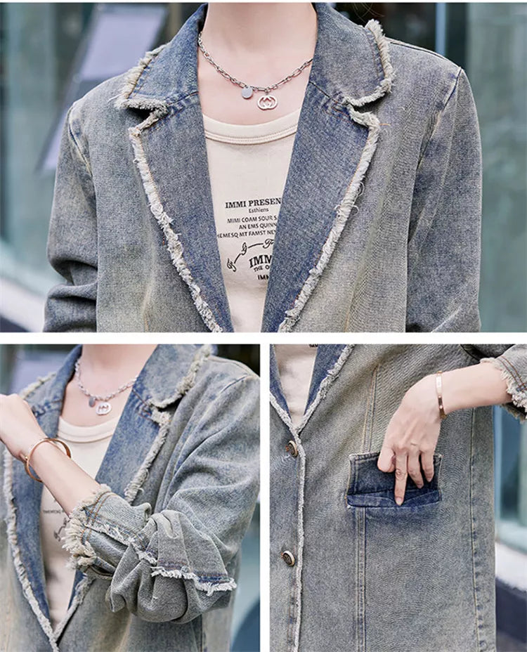 Vintage Denim Blazer and Wide-Leg Pants Set for Women