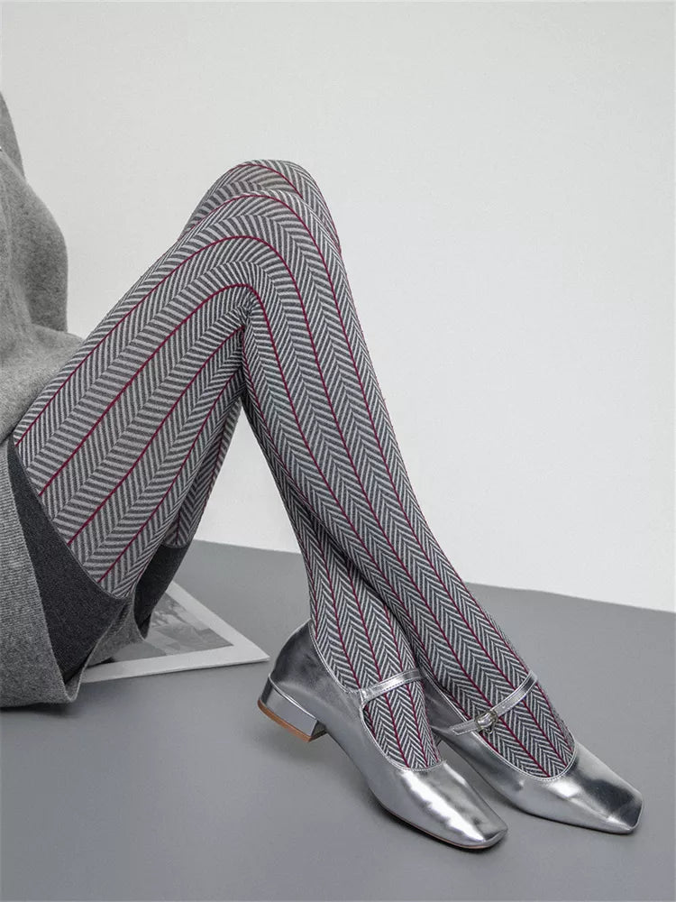 Strumpfhose aus Baumwollstrick mit Fischgrätmuster für Damen, Herbst/Winter