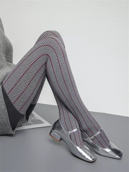 Strumpfhose aus Baumwollstrick mit Fischgrätmuster für Damen, Herbst/Winter