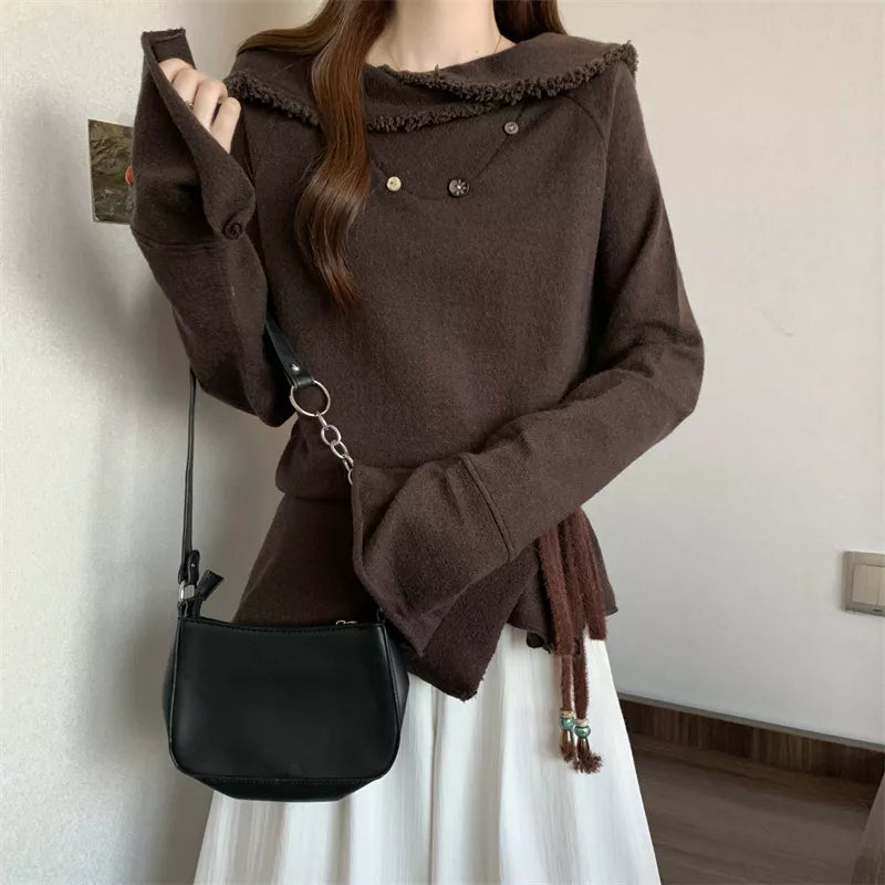 Suéter de punto con flecos y solapa retro vintage para mujer