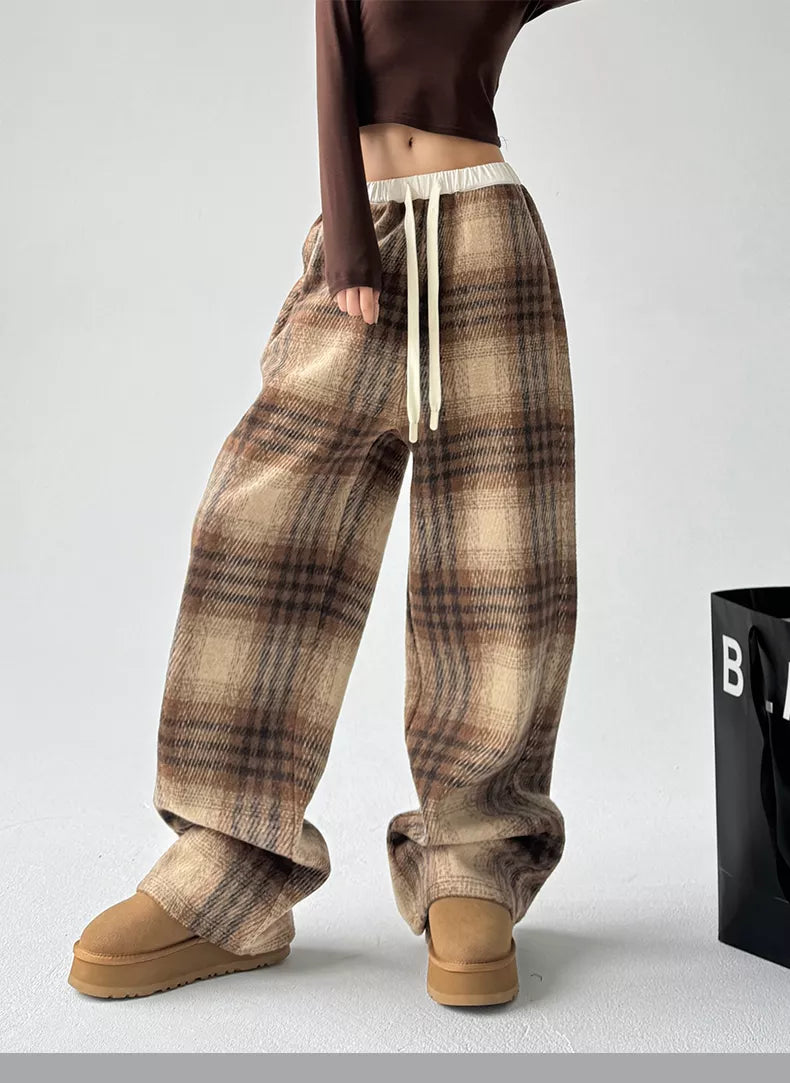 Women's Coffee High-Waisted Plaid Drawstring Woolen Wide Leg Pants