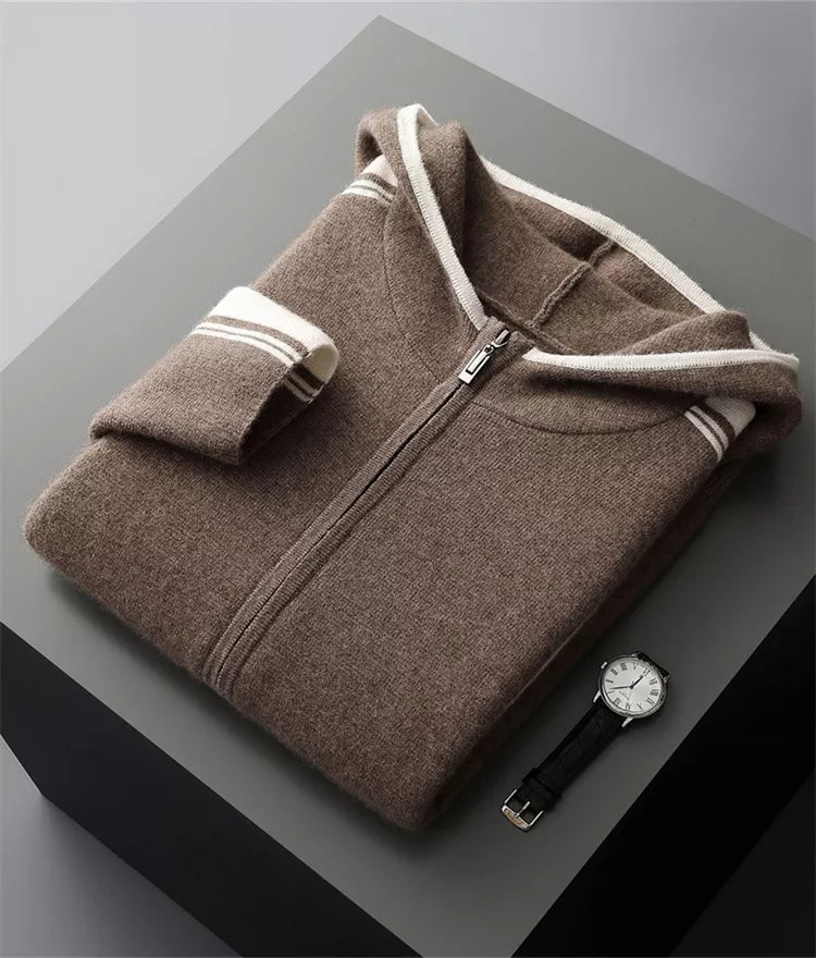 Men's Premium Pure Wool Knitted Tracksuit Set 2-Piece Striped Zip-Up Hoodie & Joggers