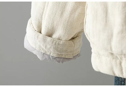 Women's Zen Style Cotton Linen Padded V-Neck Frog Button Quilted Winter Coat