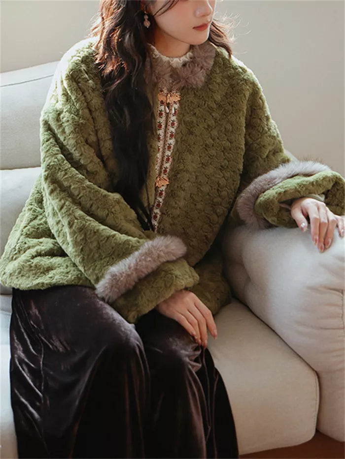 Women's Vintage Green Faux Fur Jacket Chinese Style Plush Coat with Butterfly Clasps