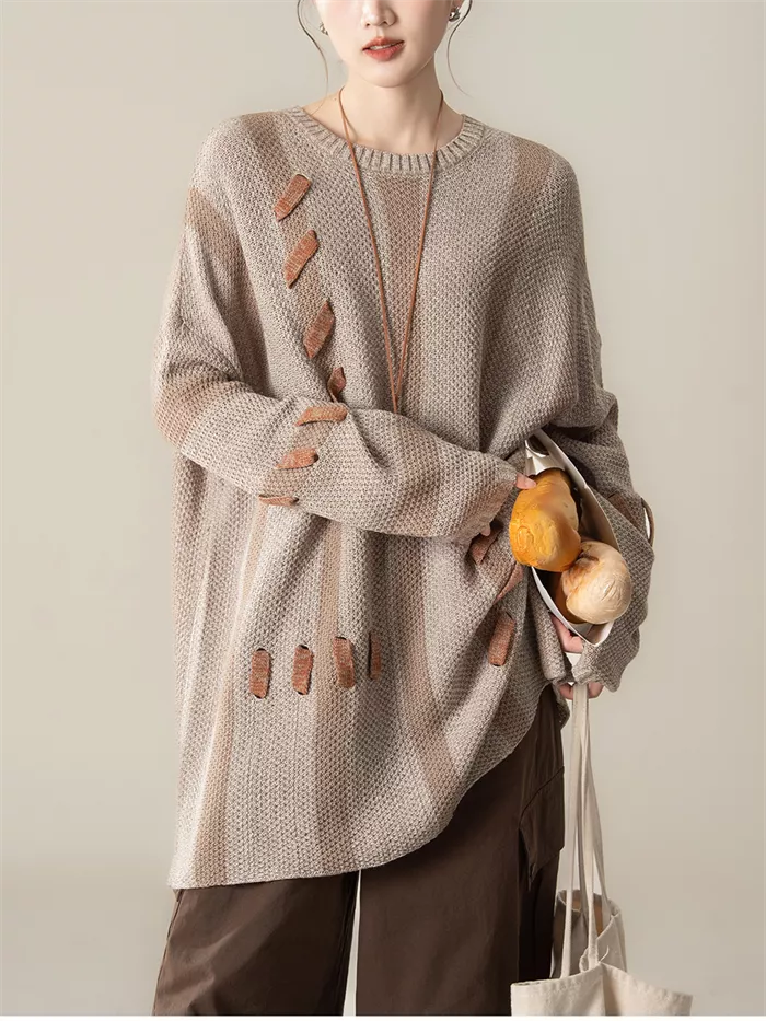 Women's Light Coffee Striped Knit Sweater Artistic Spliced Pullover