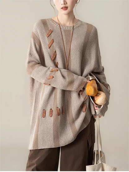 Women's Light Coffee Striped Knit Sweater Artistic Spliced Pullover