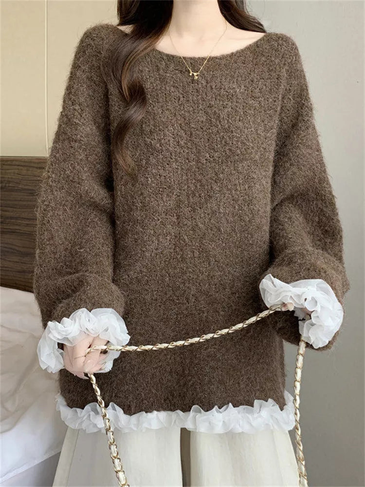 Women's Coffee Fuzzy Knit Sweater with White Ruffle Trim Oversized Soft Pullover