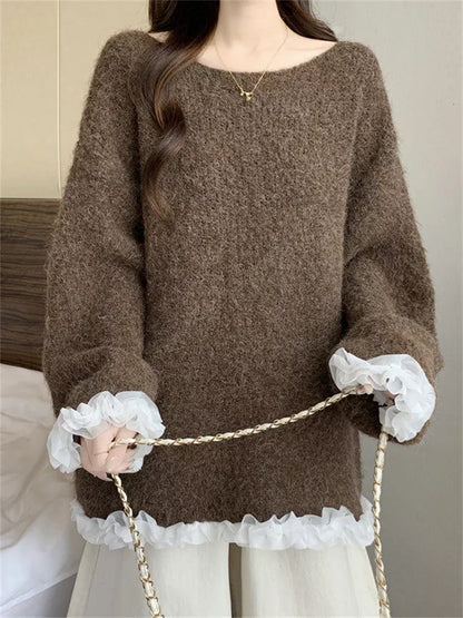 Women's Coffee Fuzzy Knit Sweater with White Ruffle Trim Oversized Soft Pullover