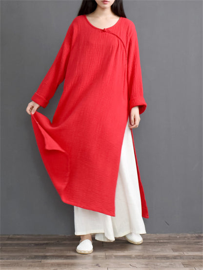 Gelbes Maxikleid im Vintage-Zen-Stil aus Baumwoll-Leinen für Damen mit Seitenschlitz, gekreuztem Kragen und Froschknöpfen