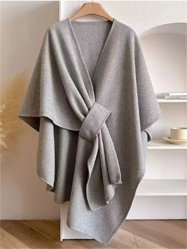 Women's Elegant Charcoal Grey Knotted Front Poncho Cape