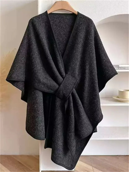 Women's Elegant Charcoal Grey Knotted Front Poncho Cape