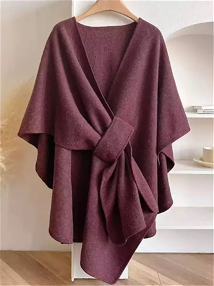 Women's Elegant Charcoal Grey Knotted Front Poncho Cape
