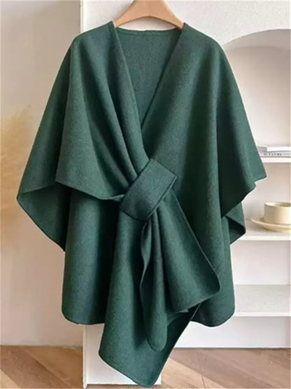 Women's Elegant Charcoal Grey Knotted Front Poncho Cape