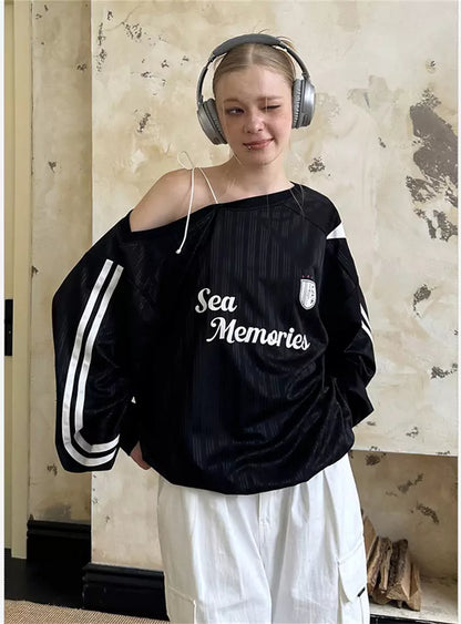 Vintage Star One-Shoulder Letter Print Slouchy Sweatshirt