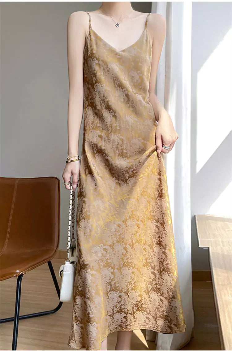 Elegant Blue Silk Slip Dress with Oriental Jacquard and A-Line Silhouette
