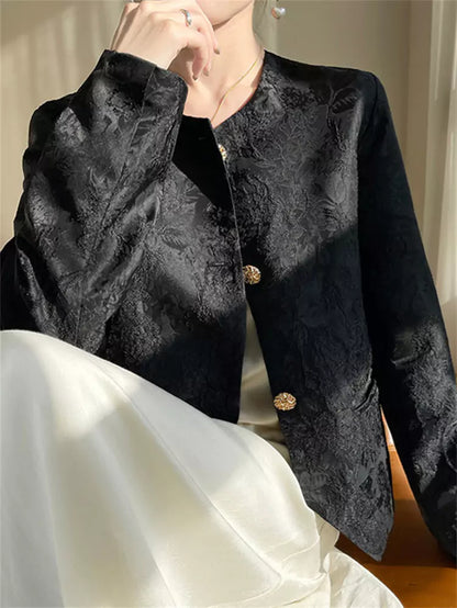 Elegante aprikosenfarbene Jacquard-Jacke mit Rundhalsausschnitt und orientalischem Design