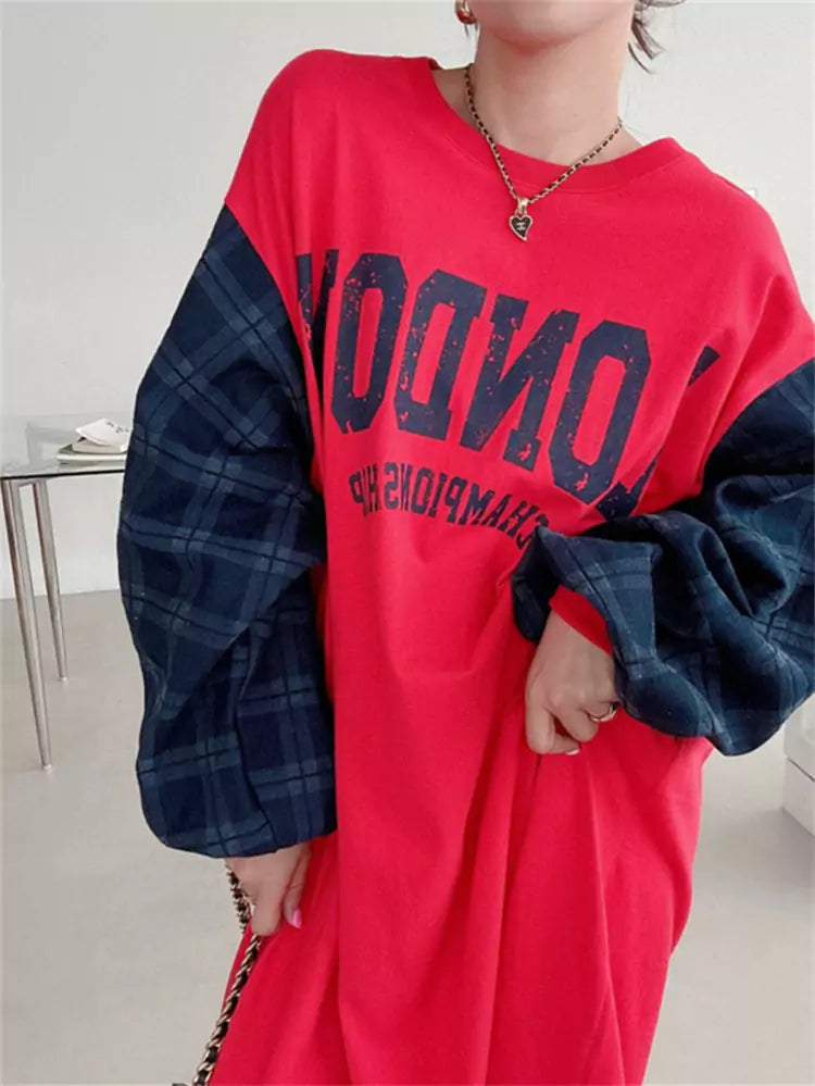 Women's Round Neck Letter Print Patchwork Plaid Lantern Sleeve Dress