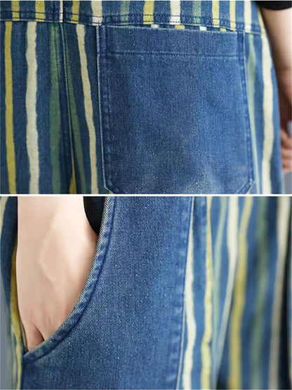 Plus Size Vintage Striped Denim Jumpsuit – Loose Fit & Slimming Casual Style