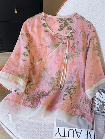 Hochwertige, leichte, bestickte Sommerbluse im Zen-Stil für Damen mit chinesischen Elementen