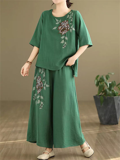 Conjunto de dos piezas de lino y algodón bordado vintage para mujer: blusa holgada y pantalones anchos.