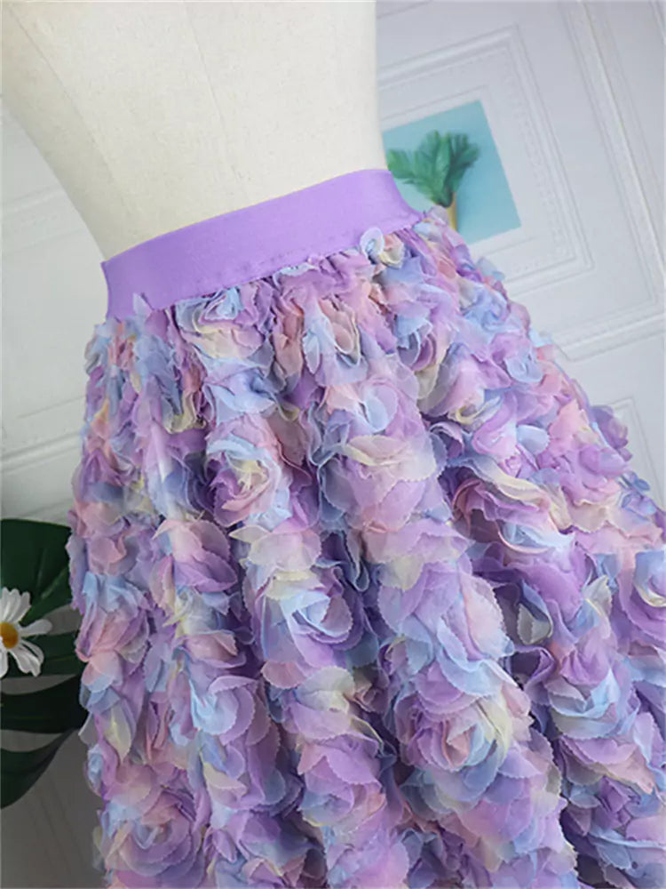 Elegant Fairy-Style Long Tulle Skirt with 3D Floral Details
