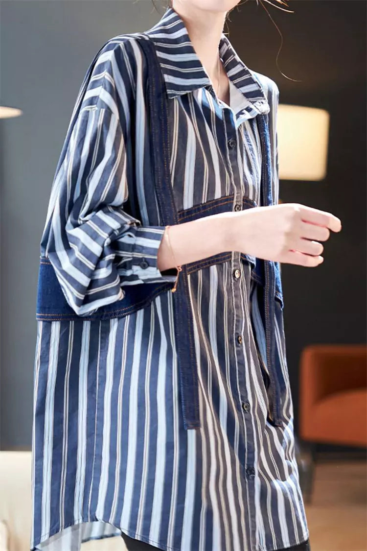 Korean Style Denim Stripe Colorblock Patchwork Long Sleeve Shirt for Women