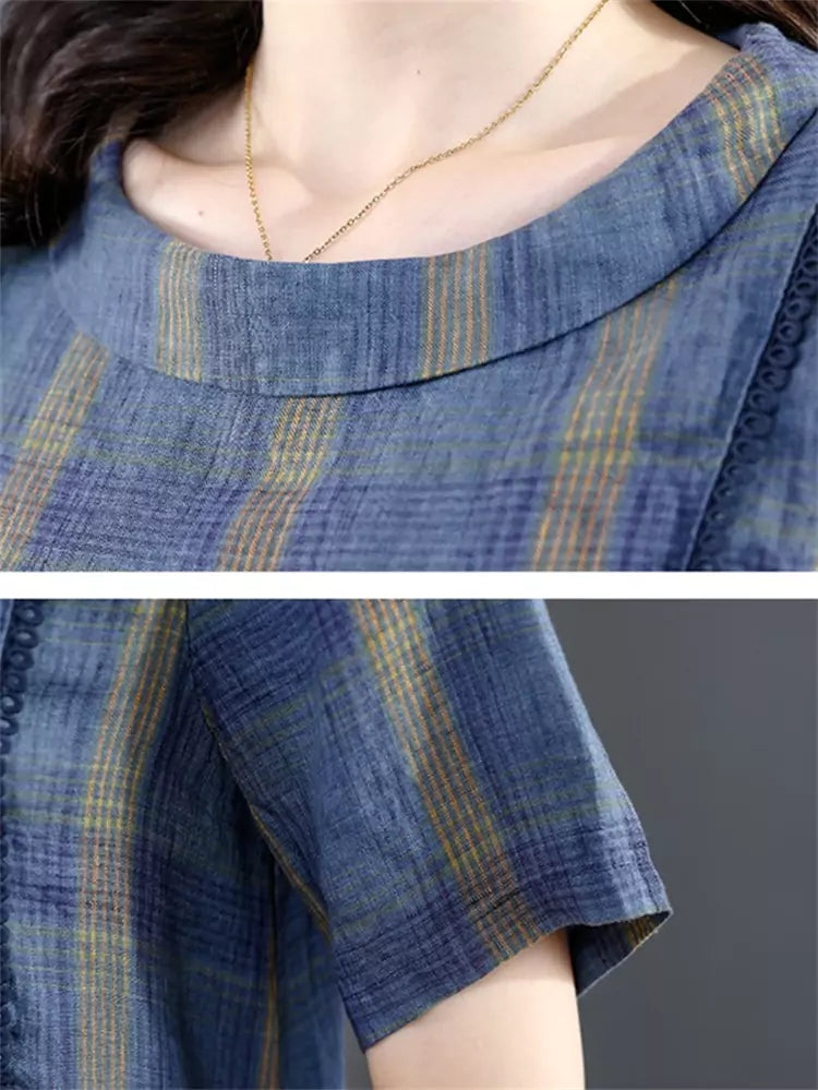 Elegant Plus Size Plaid Short Sleeve Midi Dress for Women