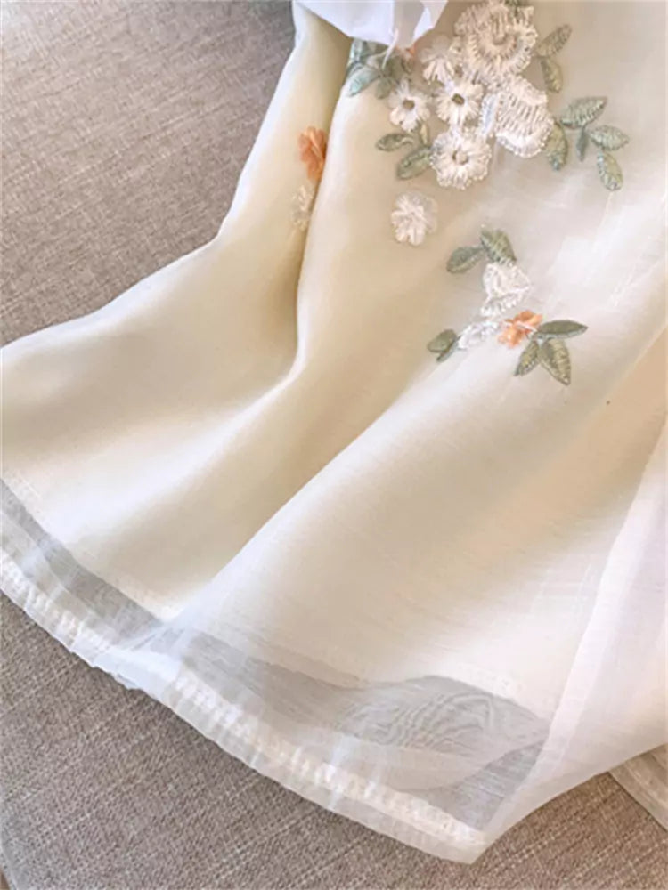 Plus Size Exquisite Embroidered Short Sleeve Chiffon Blouse with Puff Sleeves for Women
