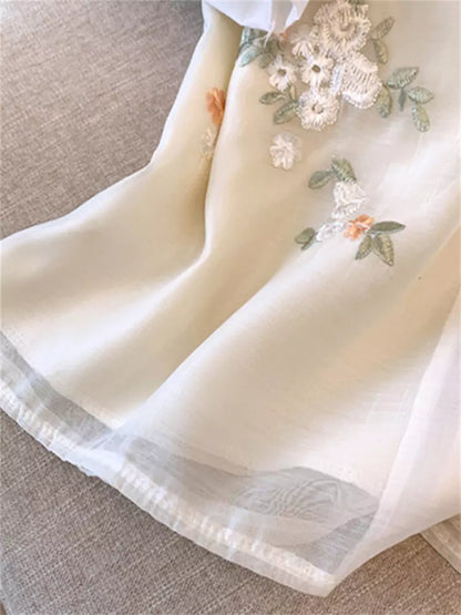 Blusa de gasa de manga corta con bordado exquisito y mangas abullonadas para mujer, talla grande