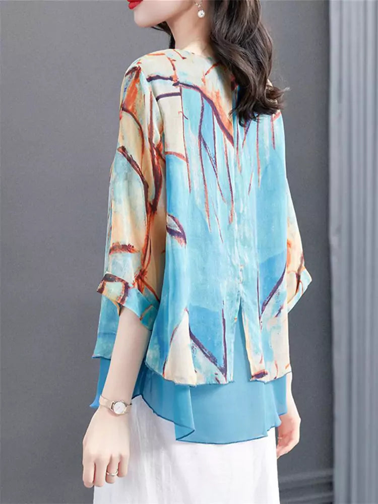 Elegant Plus Size Chiffon Printed Blouse with 3/4 Sleeves for Women