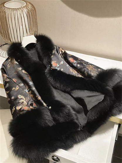 Chinesischer bestickter Cape-Mantel aus Kunstpelz für Damen