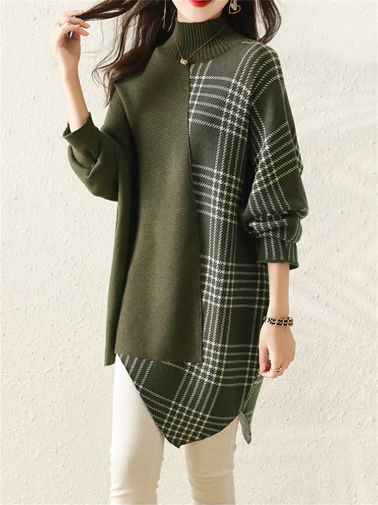 Damen-Rollkragenpulloverkleid mit asymmetrischem Karomuster – mittellang, dick gefüttert, lässiger Herbst-Winter-Stil