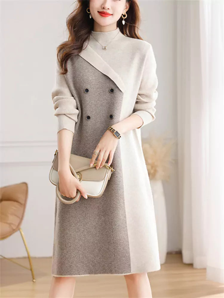 Strickkleid mit halbem Rollkragen für Damen – mittellanges, lässiges Herbst-Winter-Outfit