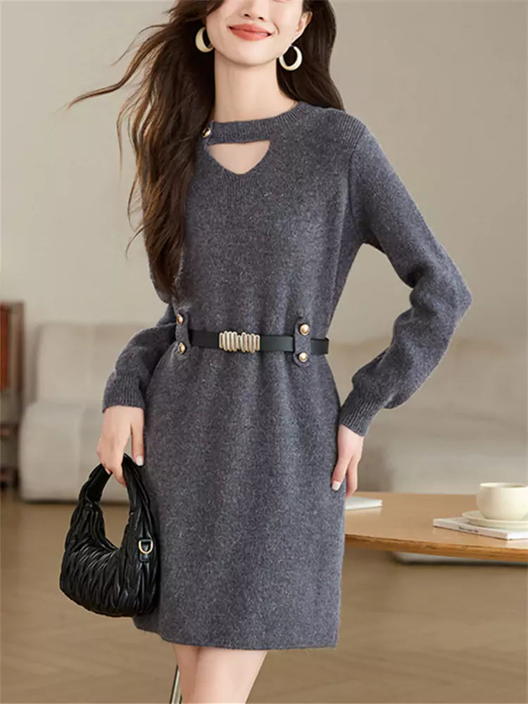 Women’s Red Hollow Knit Sweater Dress – Mid-Length Pullover for Autumn Winter