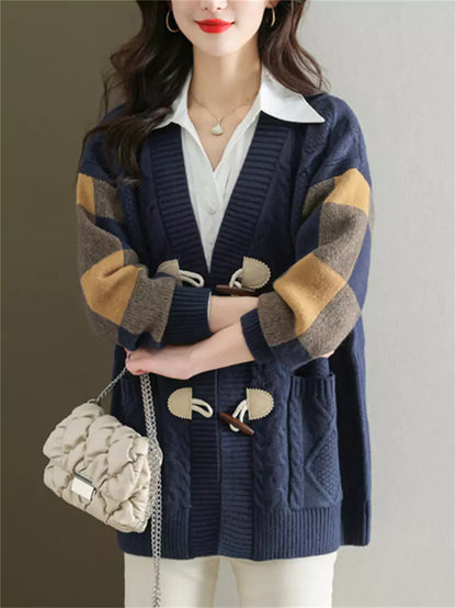 Cárdigan de punto trenzado de longitud media para mujer: abrigo holgado de otoño