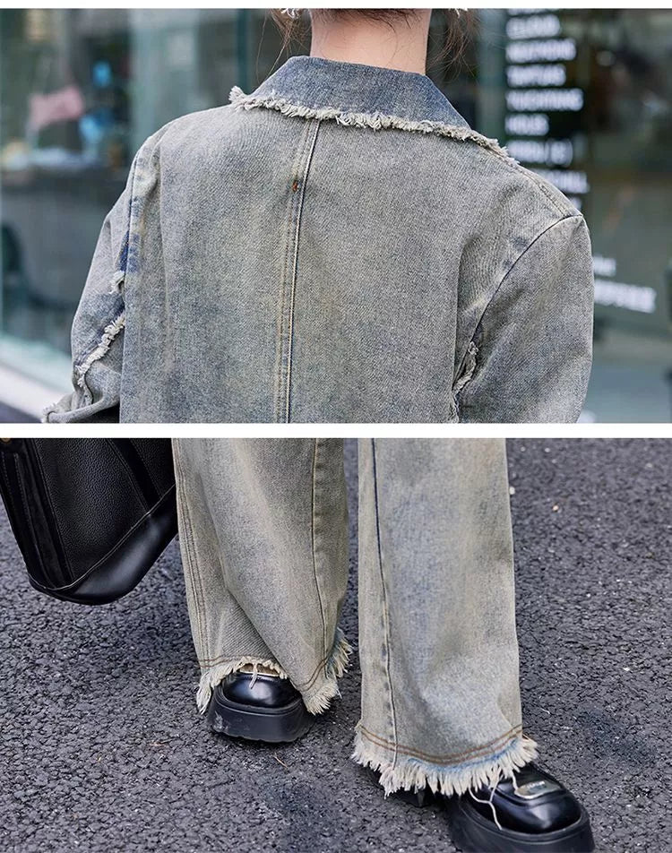 Vintage Denim Blazer and Wide-Leg Pants Set for Women