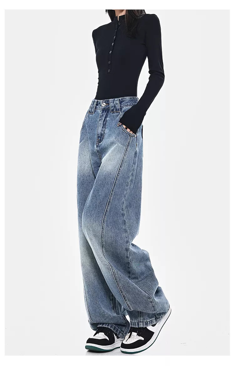Vintage Deconstructed Curved Denim Wide-Leg Jeans for Women