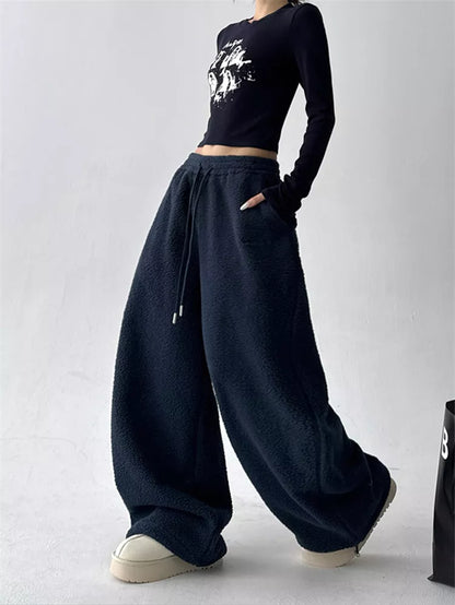 Pantalones anchos de sherpa sintética para mujer - Pantalones deportivos holgados y acogedores de felpa de peluche