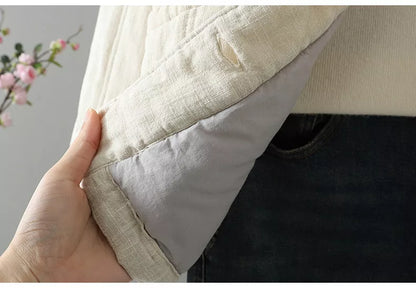 Women's Zen Style Cotton Linen Padded V-Neck Frog Button Quilted Winter Coat
