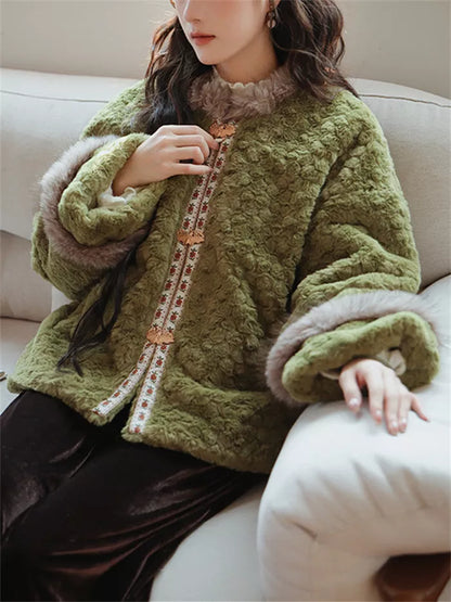 Women's Vintage Green Faux Fur Jacket Chinese Style Plush Coat with Butterfly Clasps