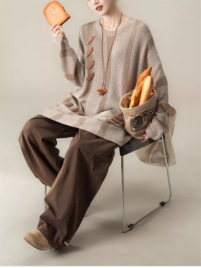 Women's Light Coffee Striped Knit Sweater Artistic Spliced Pullover