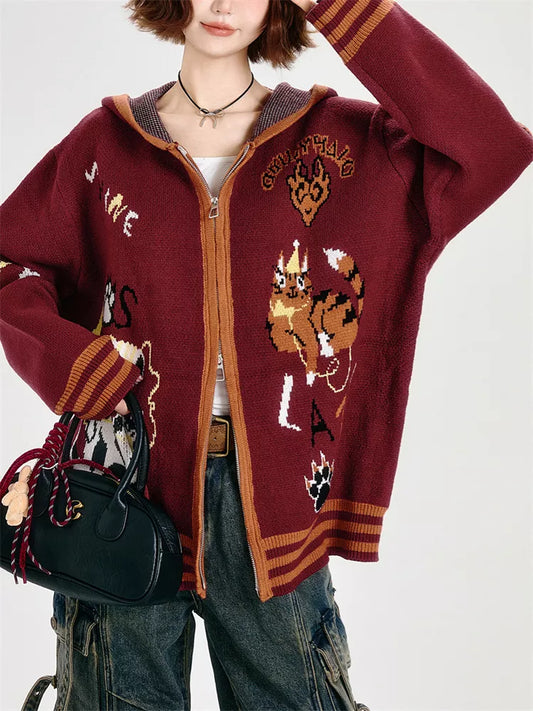 Women's Y2K Burgundy Zip-Up Hooded Cardigan Oversized Cartoon Cat Graphic Knit Jacket