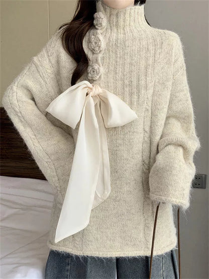 Women's Apricot Mock Neck Knit Sweater Large Satin Bow Tie 3D Rose Button Pullover