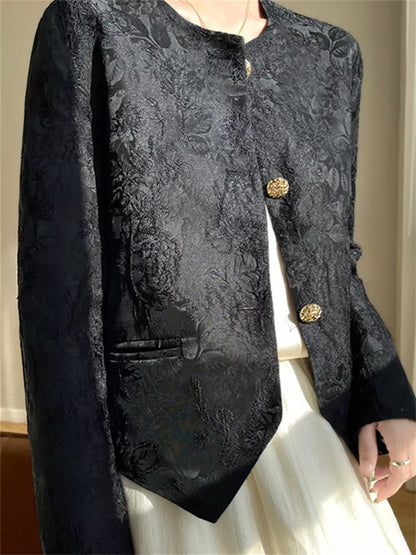 Elegante aprikosenfarbene Jacquard-Jacke mit Rundhalsausschnitt und orientalischem Design